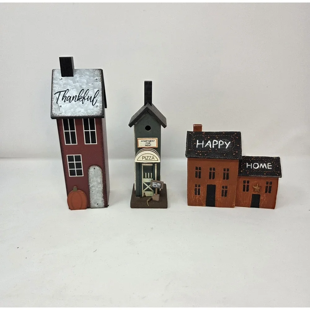 Primitive Farmhouse Wood House Decor Lot Set 3 Saltbox Birdhouse Pizza Shop